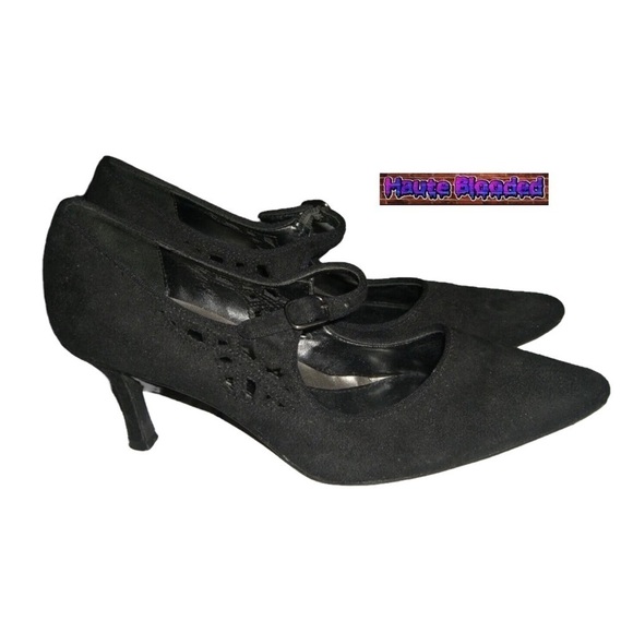 Predictions Black Mary Janes Heels Pointed Toe Witchy Gothic Halloween Cut Out 7 - Picture 11 of 11